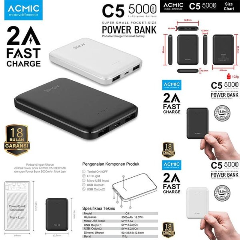 ACMIC B5 Powerbank - Black [5000 MAh/ Dual Output]