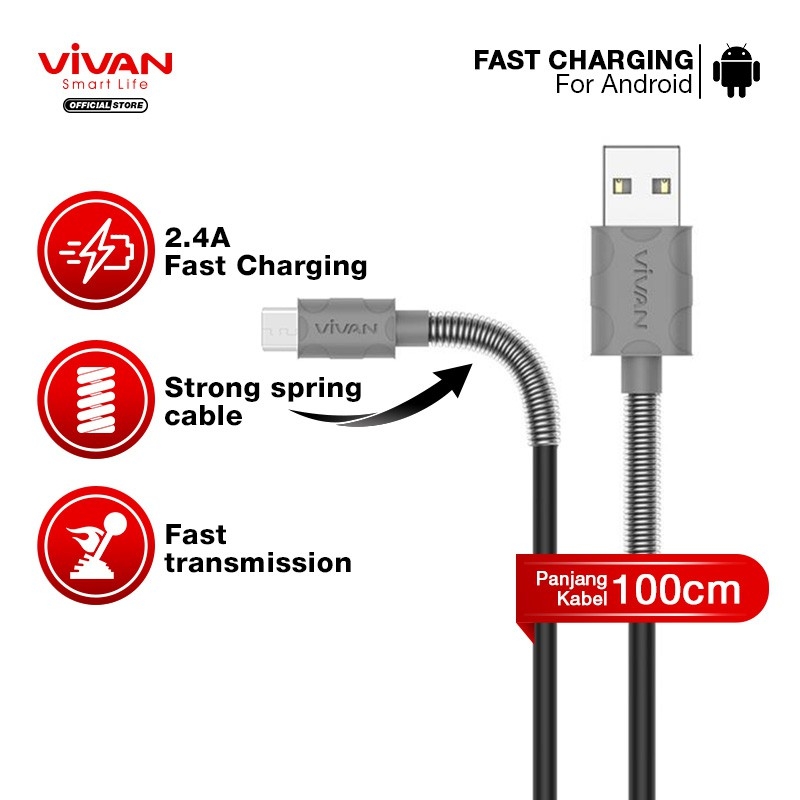 VIVAN Kabel Data FM100 USB Micro Android Fast Charging 2.4A Panjang 1M - Garansi 1 Tahun 4.8