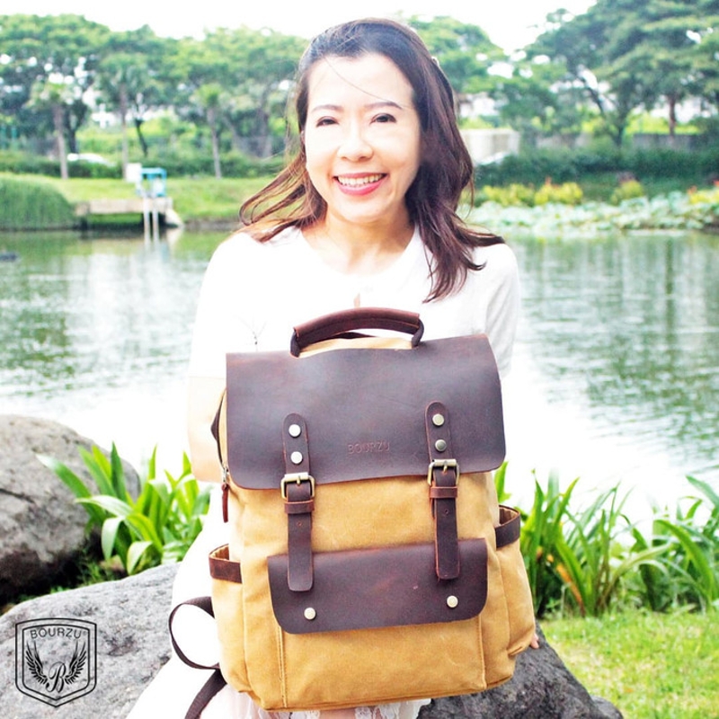 Tas Ransel Laptop Wanita Backpack Kulit Asli Kanvas Branded Bourzu