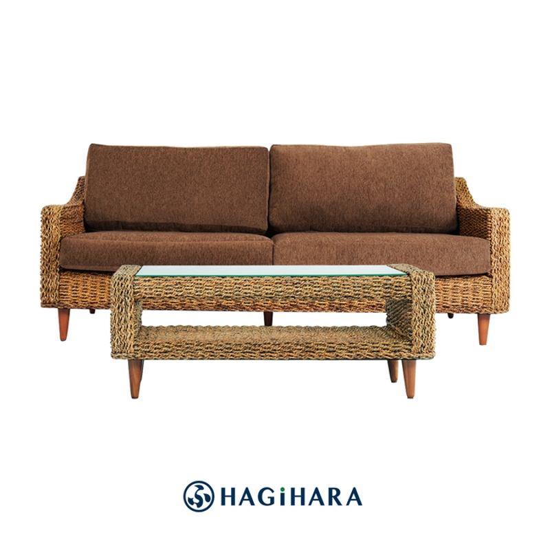 (Promo Hagihara) Set Sofa 3 Dudukan & Meja Kaca Abaca - Cokelat Tua